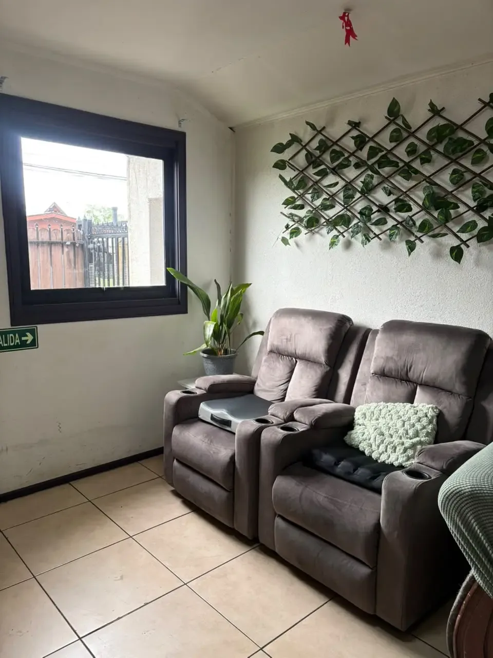 Sala de estar de Eduardo Aranis con sillones reclinables y plantas junto a una ventana.