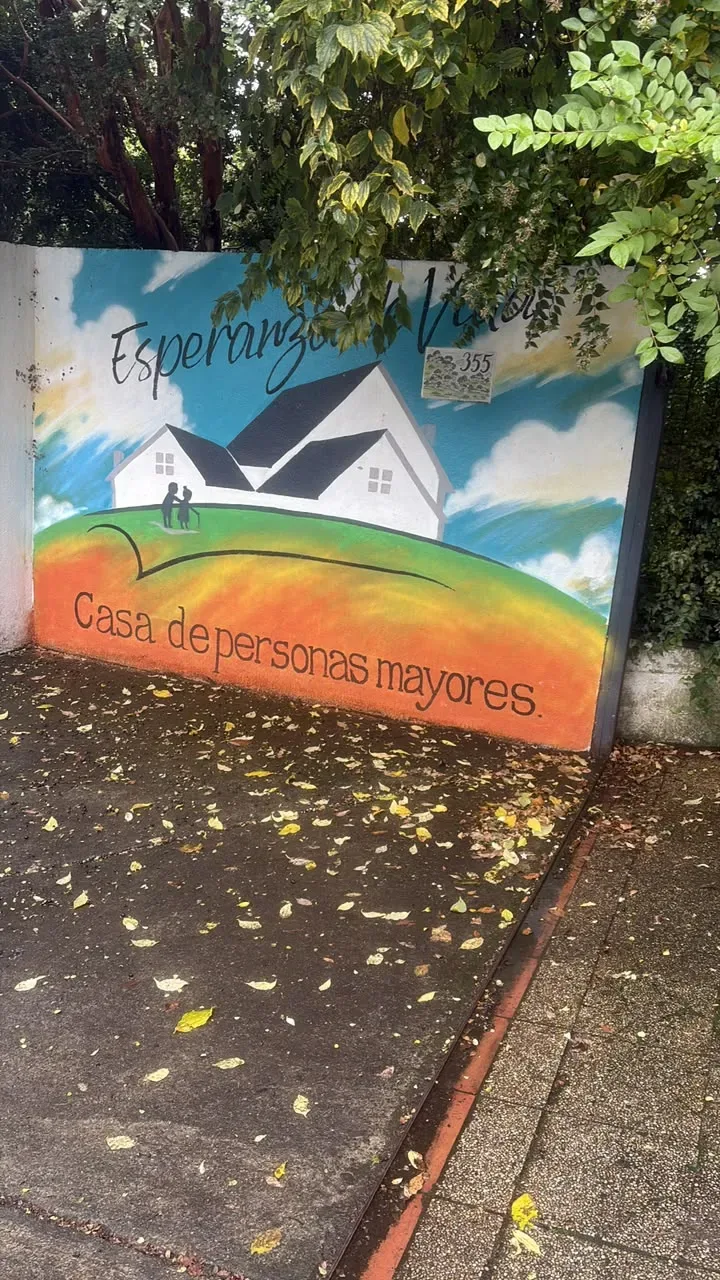 Mural de Esperanza de Vida en Puertas de Alcalá, con una casa pintada y el texto Casa de personas mayores.